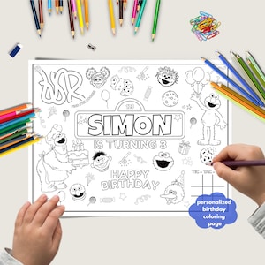 May include: A black and white personalized birthday coloring page with the name "SIMON" and the text "IS TURNING 3" and "HAPPY BIRTHDAY". The page features Sesame Street characters and a tic-tac-toe board.