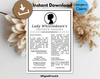 Bridgerton Lady Whistledown Society Papers Invitation Editable Canva Template, Bridal Shower Invitation