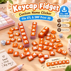 Könnte beinhalten: Eine Sammlung quadratischer, orangefarbener Tastenkappen mit weißen Buchstaben, darunter zusammengesetzte Reihen mit den Wörtern CARMEN, STAR und BOB. Das Bild enthält den Text Keycap Fidget, Custom Name Clicker und STL/3MF Digital File.