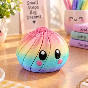 Può includere: Una statuetta rotonda a forma di raviolo dai colori arcobaleno con una trama a spirale, caratterizzata da grandi occhi neri e guance circolari rosa. L'oggetto ha una finitura sfumata che passa dal rosa in alto al blu e viola alla base.