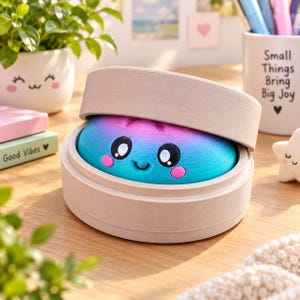 May include: A round, light-colored wooden steamer basket containing a squishy, ombre-colored bun. The bun features a gradient from purple to blue, with a printed face showing large black eyes, pink cheeks, and a small smiling mouth.
