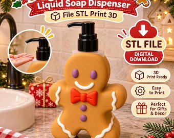 May include: A gingerbread man-shaped liquid soap dispenser with a black pump, featuring purple eyes and buttons, a red bow tie, and white icing trim. The image includes text: Gingerbread (Generic) Liquid Soap Dispenser, File STL Print 3D, STL FILE DIGITAL DOWNLOAD, 3D Print Ready, Easy to Print, Perfect for Gifts & Décor.