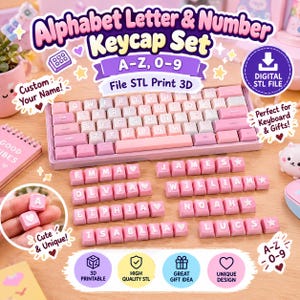 Könnte beinhalten: Ein 3D-druckbares STL-Dateiset für eine Sammlung von Buchstaben- und Zahlentastenkappen. Das Set enthält rosa und weiße mechanische Tastaturkappen mit den Buchstaben A-Z und Zahlen 0-9 sowie zusätzliche Tasten mit Namen.