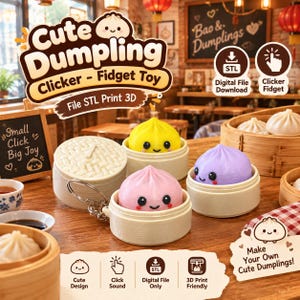 Dumpling Clicker Leksak STL, Söt Bao Bun Fidget 3D-utskrift Digital Nedladdning, Söt Dumpling Clicker Fidget Leksak STL
