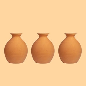 Op de afbeelding: Drie terracotta potten met deksels. De potten zijn lichtbruin van kleur en hebben een glad, licht getextureerd oppervlak.