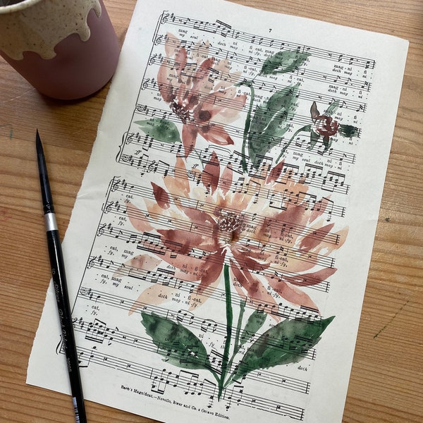 Painting on old antique sheet music | Dahlia flowers | ORIGINAL painting | Musician | Musical notes