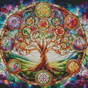 Op de afbeelding: Een kleurrijk glas-in-lood ontwerp van een levensboom met een ronde lijst. De boom heeft een dikke stam en takken met bladeren en bloemen in tinten rood, oranje, geel, groen, blauw en paars.