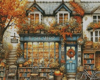 May include: A quaint bookstore with a blue sign that reads "BOOKSHOP" and a large window display filled with books. The building has a charming facade with a red door and a wreath hanging above it. There are fall leaves and vines decorating the exterior.