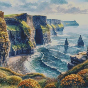Może przedstawiać: Obraz krajobrazu klifów Moher w Irlandii. Dzieło przedstawia wysokie klify z zieloną trawą, rozbijającymi się falami i dwoma stosami morskimi. Niebo jest pochmurne z odcieniami błękitu.