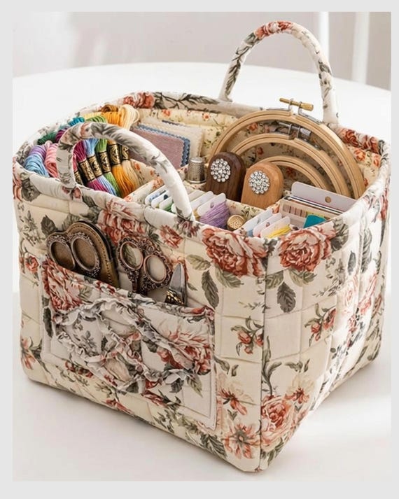 Quilted Floral Craft Organizer Tote Bag, Cotton Storage Basket with Handles, Sewing & Embroidery Project Bag, Gift for Crafters