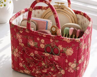 Quilted Floral Embroidery Organizer Bag, Large Sewing Project Tote, Craft Storage Basket for Embroidery Supplies, Cottagecore Sewing Gift