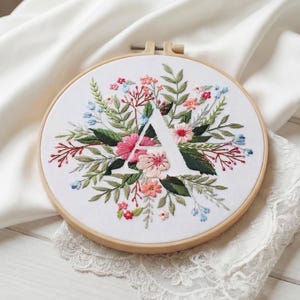 Floral Letter A Hand Embroidery Kit – Beginner-Friendly Initial Embroidery, Botanical Monogram Hoop, DIY Needlework Gift, Physical Kit