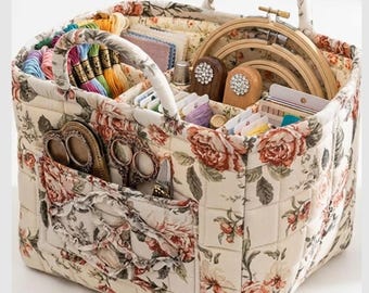 Quilted Floral Craft Organizer Tote Bag, Embroidery & Sewing Storage, Project Bag with Handles, Gift for Crafters