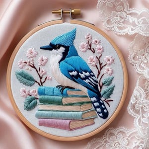 Blue Jay Hand Embroidery Kit – Floral Bird on Books Pattern, DIY Needlework for Beginners, Modern Hoop Art with Video Tutorial