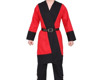 May include: A red and black tunic with long sleeves and a black belt. The tunic has a V-neck and a diagonal black panel across the front.