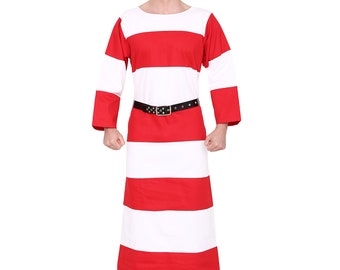 May include: A red and white striped long-sleeved tunic with a black belt. The tunic has a wide, round neckline and falls to the ankles.