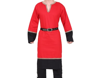 May include: A long-sleeved tunic with a red body, black trim, and gold accents. The tunic has a V-neck and is belted at the waist.