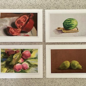 Grußkarten 1_blank, Granatapfel, Wassermelone, Äpfel, Birnen, Grußkarten, Blankokarten, Karten, Kunstkarten, Gemälde, Obst