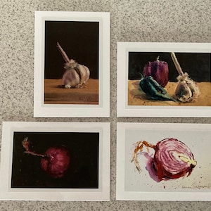 Group 13_blank greeting cards, garlic, red onions, onions, greeting cards, blank cards, cards, art cards, paintings, veggies, vegetables