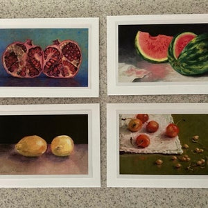Grußkarten 2_blank, Granatapfel, Wassermelone, Zitrone, Kirschen, Blankokarten, Karten, Blankokarten, Gemälde, Obst, Originalkunst