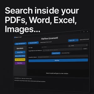 以下が含まれることがあります： 上部に「Search inside your PDFs, Word, Excel, Images...」というテキストが表示された、暗いテーマのソフトウェアインターフェース。「FileFlow (Licensed)」とラベル付けされたソフトウェアには、さまざまな検索オプションとタイムスタンプがあります。