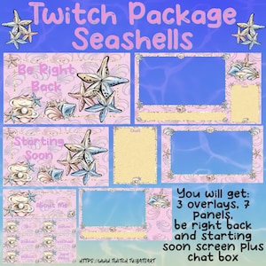 May include: A pink and blue Twitch package featuring seashells and starfish graphics. The package includes 3 overlays, 7 panels, a be right back screen, a starting soon screen, an about me panel, and a chat box. The text "Twitch Package Seashells" is at the top of the image. The text "You will get: 3 overlays, 7 Panels, be right back and starting soon screen plus chat box" is at the bottom of the image.