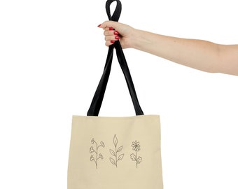 Botanical Line Art Tote Bag - Flower, Leaf, Branch Hand Drawn Lineart Natural Colored Bag Trendy Minimal Market Bag Canvas Grocery Library