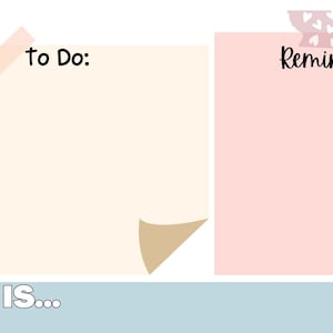 Puede incluir: Un planificador de escritorio rosa y beige con las palabras "hello" y "to do:" en la parte superior izquierda y "Reminders" en la parte superior derecha. La parte inferior del planificador tiene una barra azul claro con el texto "TODAY IS..."