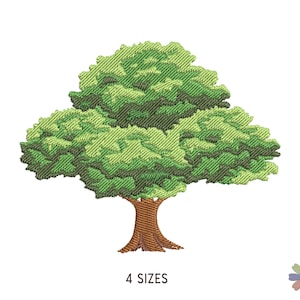 May include: An embroidery design of a deciduous tree with a brown trunk and a dense, rounded canopy featuring various shades of green thread. The text 4 SIZES is printed in black below the tree, accompanied by a small multi-colored flower icon.