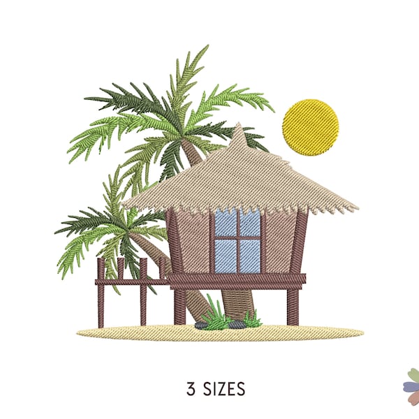 Beach Bungalow and Palm Trees Embroidery Design. Machine Embroidery Nature Pattern. Multi Format Files. Instant Download Digital File