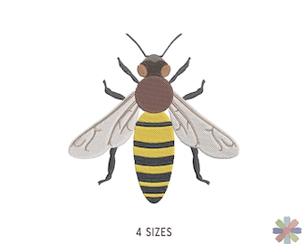 May include: Embroidered bee design with a yellow and black striped abdomen, brown thorax, and detailed wings. The image includes the text "4 SIZES" at the bottom, indicating size options. The bee is a detailed illustration, likely for embroidery or applique.