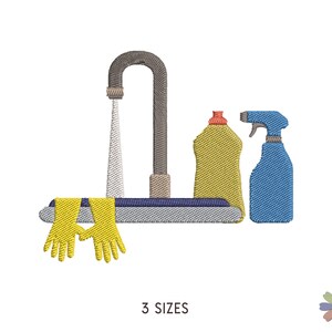 Puede incluir: Un diseño de bordado que presenta un grifo gris con agua fluyendo, una botella amarilla de solución de limpieza, una botella de spray azul y guantes de goma amarillos. El diseño está sobre un fondo gris y azul. 3 TAMAÑOS