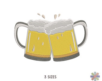 Couple Beer Glasses with Beer Head Embroidery Design: Bear Drinks Bar Scene (Multi Format Pattern)