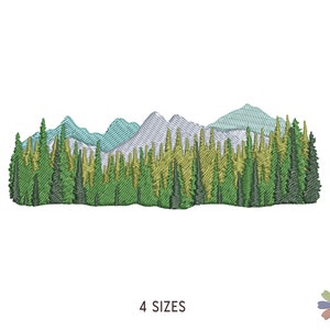 Diseño de bordado de montañas con bosque. Patrón de bordado a máquina. Escena de la naturaleza. Archivos multiformato. Archivo digital de descarga instantánea