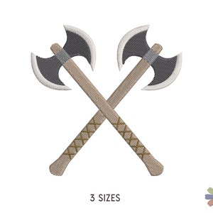 May include: Two crossed axes with brown wooden handles and black metal blades. The handles have a woven pattern.