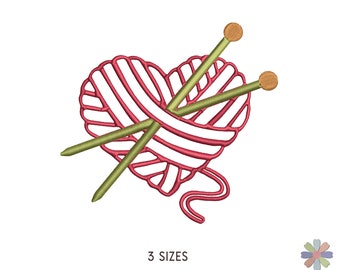 Heart Knitting Ball with Needles Embroidery Design. Machine Embroidery Pattern. Knitting Elements. Instant Download Digital File