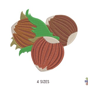 Puede incluir: Un diseño de bordado que muestra tres avellanas marrones con cáscaras texturizadas y puntas de color tostado claro, acompañadas de hojas de color verde brillante con bordes dentados. El texto 4 SIZES está impreso en negro debajo, con una flor.