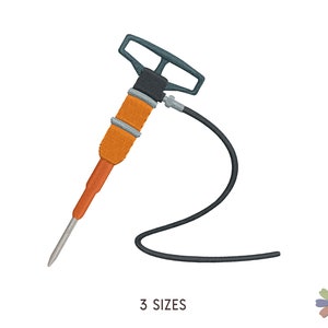 May include: A black and orange jackhammer with a black hose. The jackhammer has a handle with a trigger and a long, pointed drill bit. The hose is coiled and connected to the jackhammer.