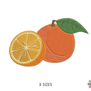 May include: Embroidered design of an orange with a green leaf. The orange is cut in half, showing the inside of the fruit. The design is available in three sizes.