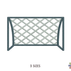 May include: A blue and white soccer goal with a net. The goal is outlined in dark blue and the net is made of white lines.