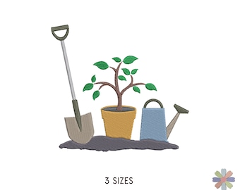 May include: An embroidery design featuring a green plant in a brown pot, a gray shovel, and a blue watering can. The design is set against a gray background.