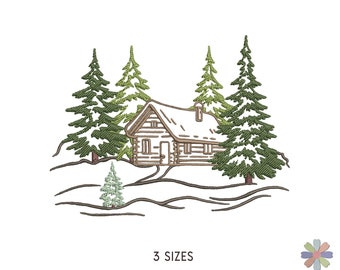 Wood Cabin in Pine Fir Forest with Road Embroidery Design. Machine Embroidery Forest Pattern. Nature Scene. Instant Download Digital File