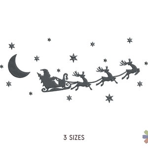 Flying Santa and Christmas Deer with Presents and Moon. Machine Embroidery Pattern. Christmas Holiday Scene. Instant Download Digital File