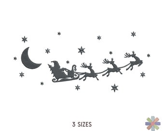 Flying Santa and Christmas Deer with Presents and Moon. Machine Embroidery Pattern. Christmas Holiday Scene. Instant Download Digital File
