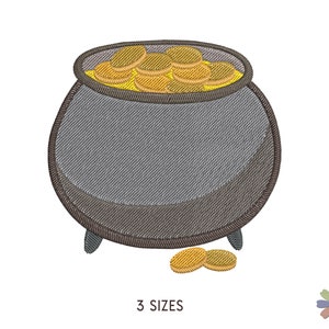 May include: A brown pot with a gold rim filled with gold coins. The pot has three legs and is sitting on a white background. The text "3 SIZES" is below the pot.