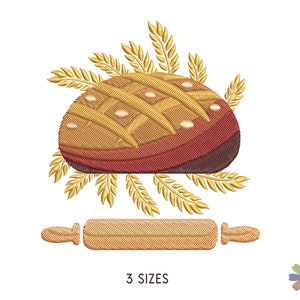 Round Bread with Rolling Pin and Rye Embroidery Design. Machine Embroidery Bakery Pattern. Multi Format Files. Instant Download Digital File