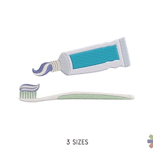 Diseño de bordado de cepillo de dientes verde y pasta de dientes azul. Patrón de bordado a máquina. Escena familiar. Descarga instantánea de archivos digitales