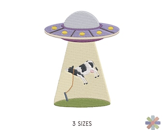 Flying Space UFO Abducting Cow Embroidery Design. Machine Embroidery Space Pattern. Multi Format Files. Instant Download Digital File