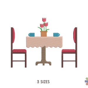 May include: Embroidered design of a table with two chairs, a vase of pink tulips, and two blue cups. The table has a beige tablecloth with scalloped edges. The chairs are brown with red seats. The design is perfect for embroidery projects.