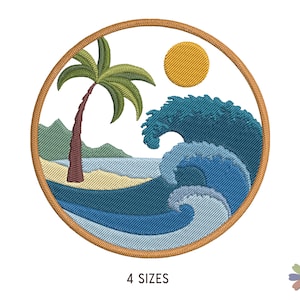 Tropical Palm Tree on Beach with Big Waves Embroidery Design. Machine Embroidery Sea Ocean Pattern. Instant Download Digital File